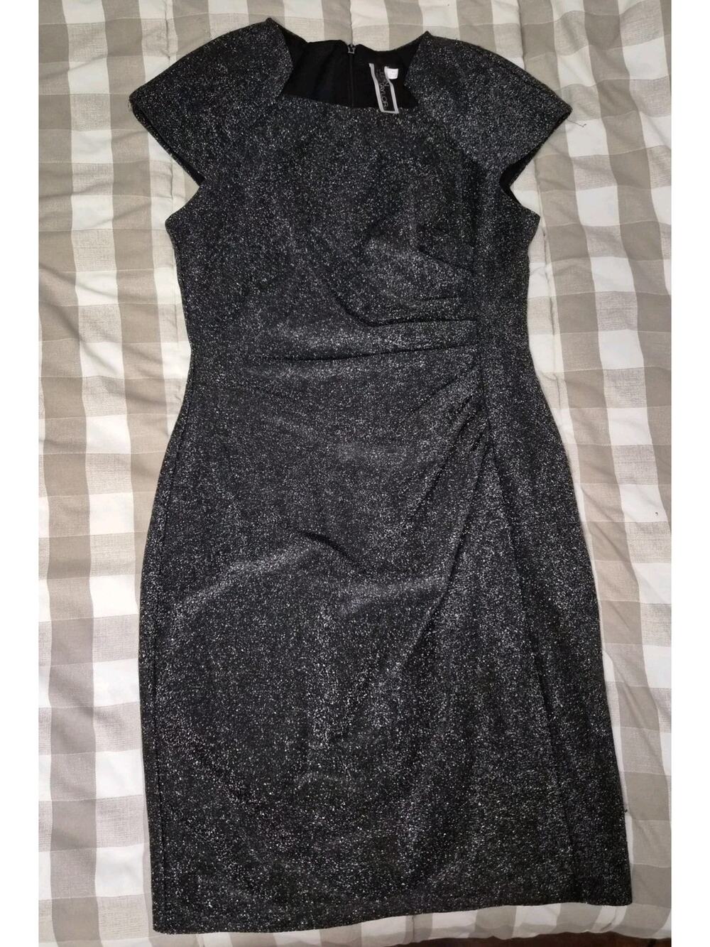 Size 10 Julian Taylor Dark Glitter Sheath Dress Features Ruched Side Detailing